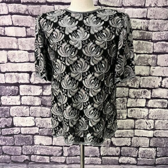 Laurence Kazar Tops - Laurence Black & Gray Blouse W/ Decorative Beads & Sequins Size XL